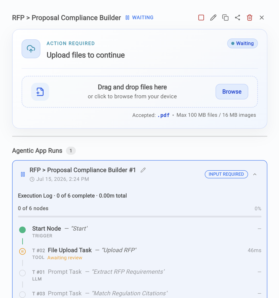 An Agentic App run in knowledgeXpert, paused awaiting a file upload, with an execution log listing each node: start, file upload, extract requirements, and match regulation citations.