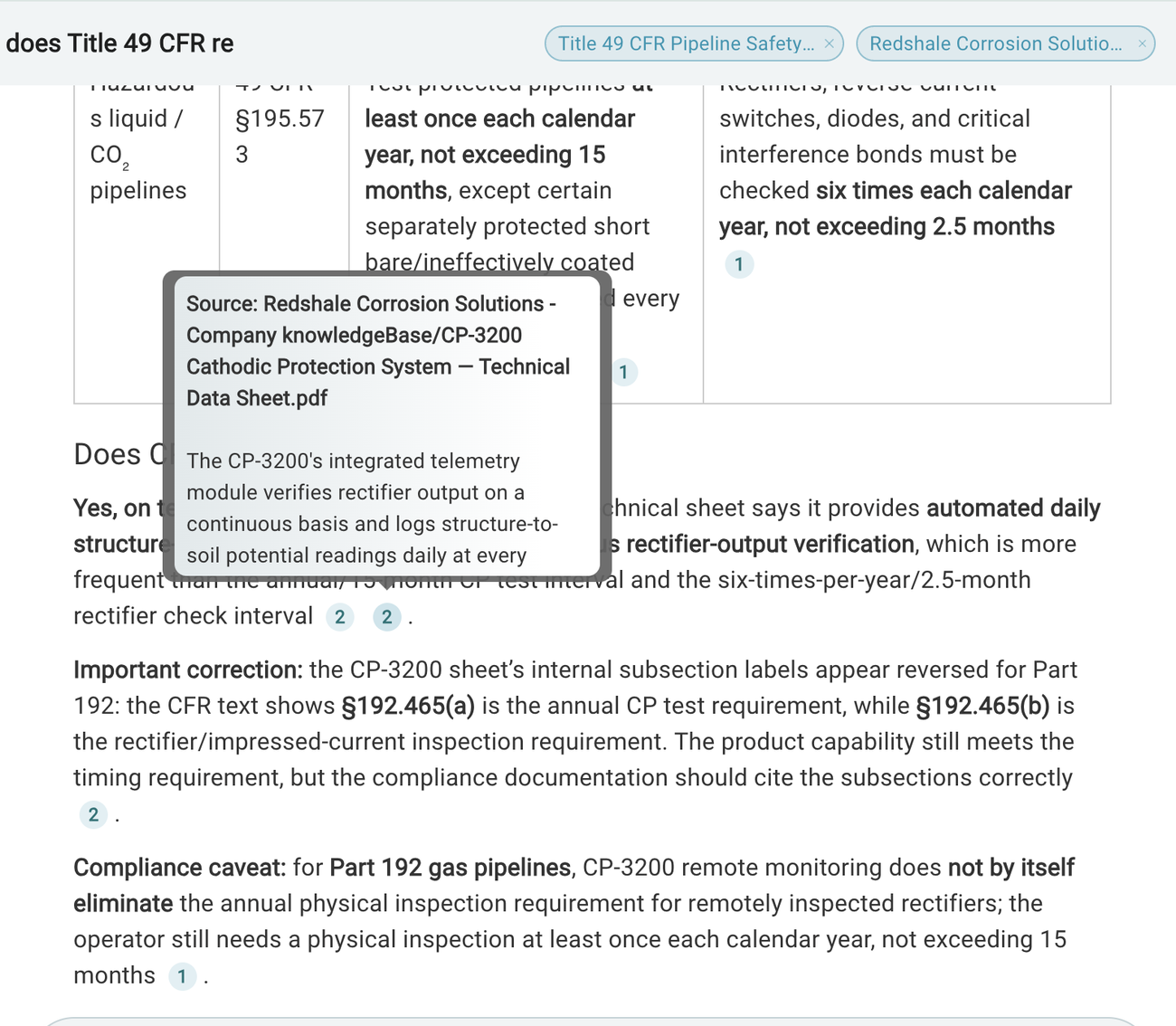 A cited answer in knowledgeXpert. Numbered citations sit inline, and an open source popover names the exact document and page the sentence came from. The answer also flags a discrepancy between the vendor data sheet and the regulation text.