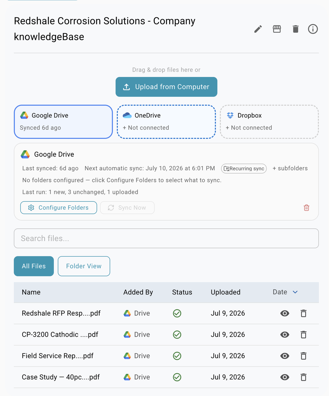 A knowledgeBase in knowledgeXpert for a demo company, showing Google Drive connected and syncing, OneDrive and Dropbox available, and a file list of synced PDFs each marked as processed.