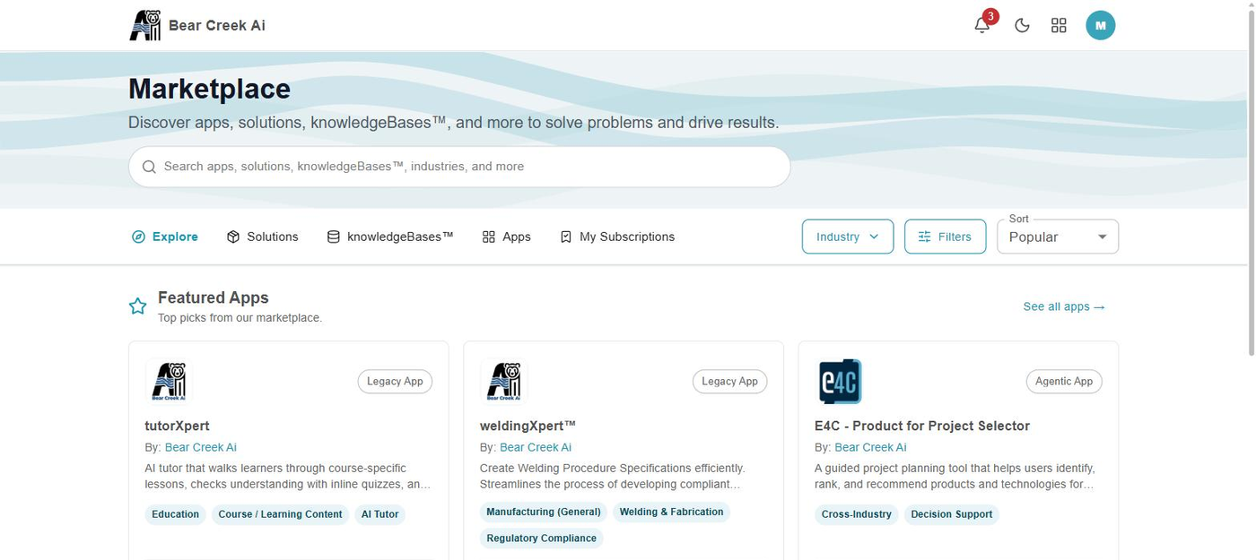 The knowledgeXpert Marketplace, showing a search field, tabs for Solutions, knowledgeBases, Apps and My Subscriptions, industry and sort filters, and a row of featured app cards including tutorXpert, weldingXpert and a product selector, each tagged with the disciplines it serves.