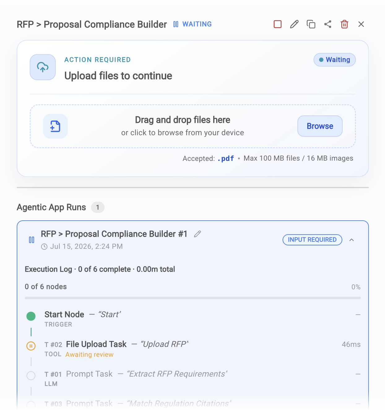 Agentic App run with a live execution log