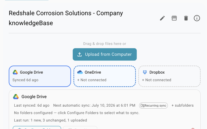 A knowledgeBase in knowledgeXpert with its synced source files listed and processed.
