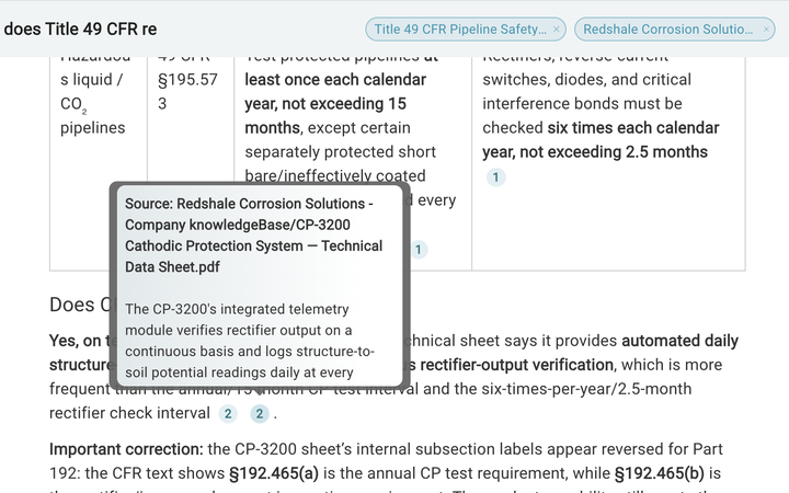 A cited answer with its source popover open, naming the document the sentence came from.