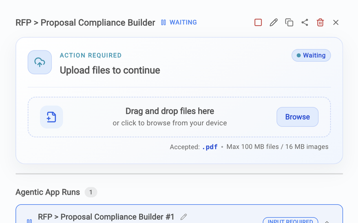 An Agentic App run with a live execution log showing each node as it completes.
